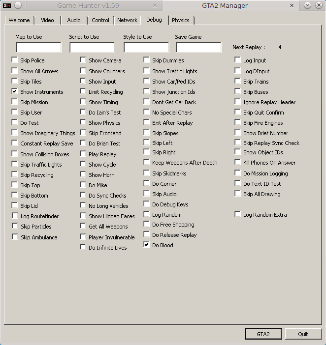 GTA2 Manager, Debug tab. Only turn 'Show Instruments' and 'Do Blood' on, nothing else.