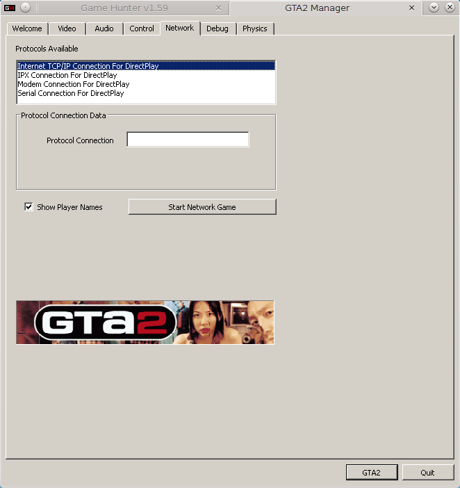 GTA2 Manager, Network tab.