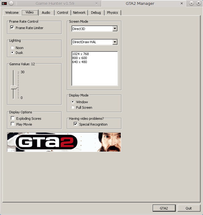 GTA2 Manager, Video tab.